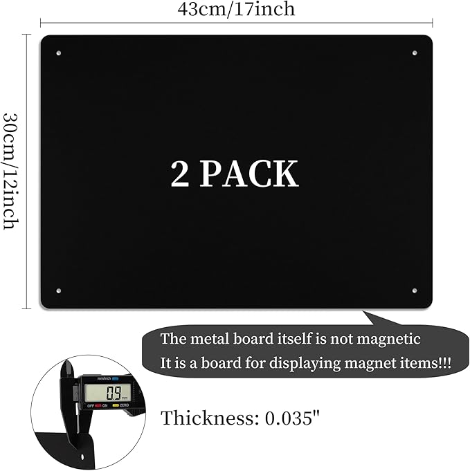 2 Pack Magnetic Board Black, 17" x 12" Metal Bulletin Board for Wall to Display Magnetic Notes, Stickers, Photos, Suits for Wall, Cabinet, with Dual Lock Tape and Screws for Easy Hanging