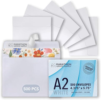 MOS A2 Invitation Envelopes – 4-3/8" X 5-3/4" White Mailing Envelopes Self Seal (500 Count) – 120GSM/ 32LB Bond Heavy Duty – For Greeting Cards, Card Making, RSVP Cards, Wedding Invites