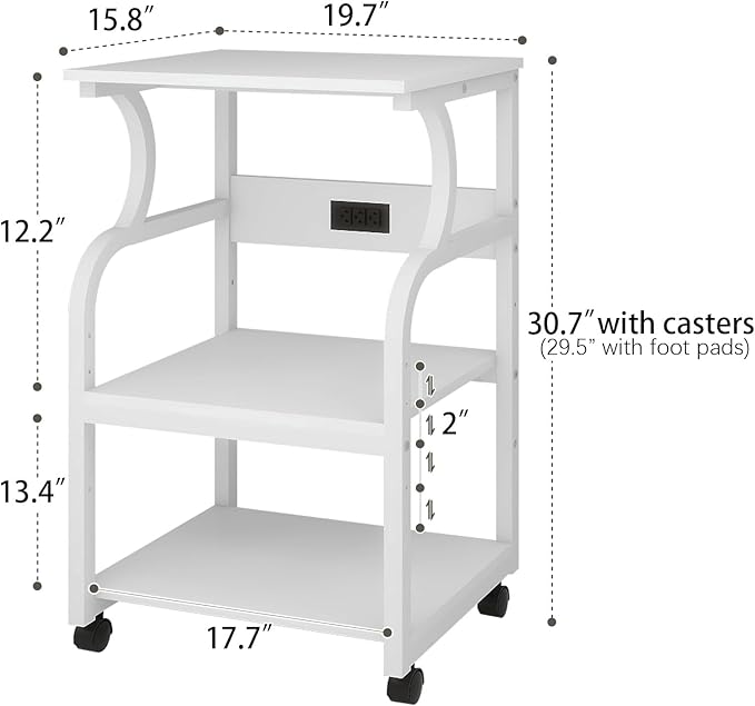 Natwind 3 Tier Printer Stand,Printer Table with Adjustable Storage Shelf, Rolling Printer Cart with Wheels for Home Office Organization,Multifunctional Shelves for Heat Press,3D Printer (White)