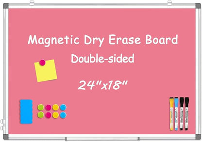 WALGLASS Magnetic Whiteboard 24"x18" Dry Erase White Board for Walls with Pen Tray, Aluminium Frame and Dry-Wipe Writing Surface for Kids' Drawing, Home, and Office (Pink)