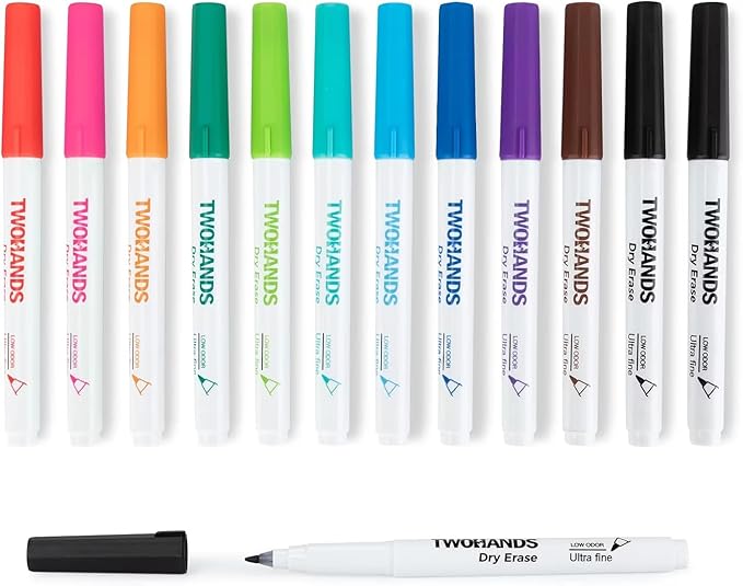 TWOHANDS Dry Erase Markers Ultra Fine Tip,0.7mm,Low Odor,Extra Fine Point,11 Assorted Colors,Whiteboard Markers for School,Office,Home,or Planning Whiteboard,12 Count,20529