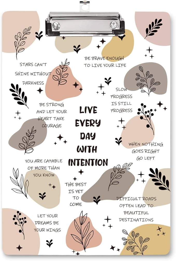 WAVEYU Cute Hardboard Clipboard for Women Men, Clipboard with Low Profile Clip for School and Office Use,12.5"x 9"-Live Everyday with Intention