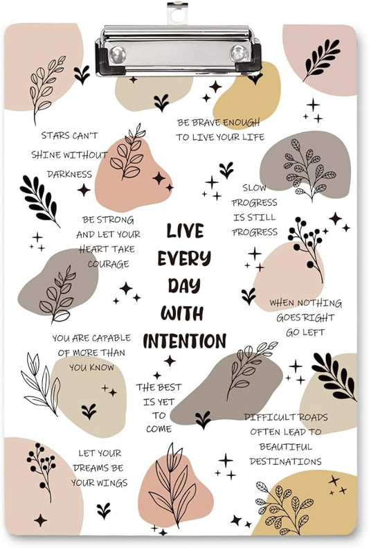 WAVEYU Cute Hardboard Clipboard for Women Men, Clipboard with Low Profile Clip for School and Office Use,12.5"x 9"-Live Everyday with Intention