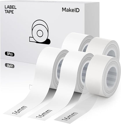MakeID L1 E1 Q1 Label Maker Tape Refills, 5-Roll 16mm x 4m (0.63" x 13') Continuous Consumables Thermal Laminated Office Labeling Tape Replacement