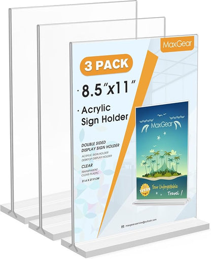 MaxGear 8.5x11 Acrylic Sign Holder 3 Pack, Clear Table Menu Display Stand Plastic Document Paper Holder Double Sided Flyer Holder T Shape Sign Frame for Store, Restaurant, Hotels, Office