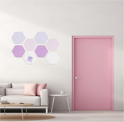 LAJAR 8 Pcs Hexagon Felt Bulletin Board Tiles, Self Adhesive Felt Pin Board Wall Tiles for Photos, Pictures, Memos (Pink)