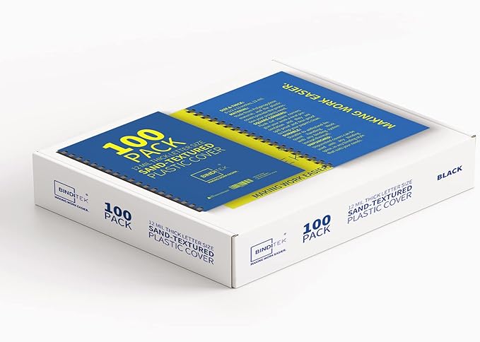 Binditek 100 Pack 12 Mil Sand-Textured Polycover - Plastic Binding Cover for Letter Size - Lightly Textured Sand Finish - Business Reports and Proposals - Square Corners, Un-Punched, Black