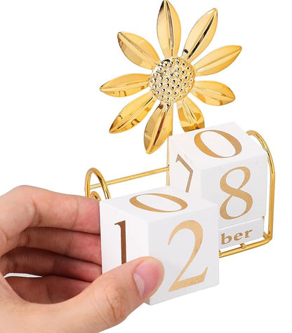 SUPVOX Wooden Block Calendar for Desk Daily Desktop Perpetual Calendar Wood Month Date Display Blocks Farmhouse Desk Accessories for Home Office Decor Reusable Yearly Sunflower Design