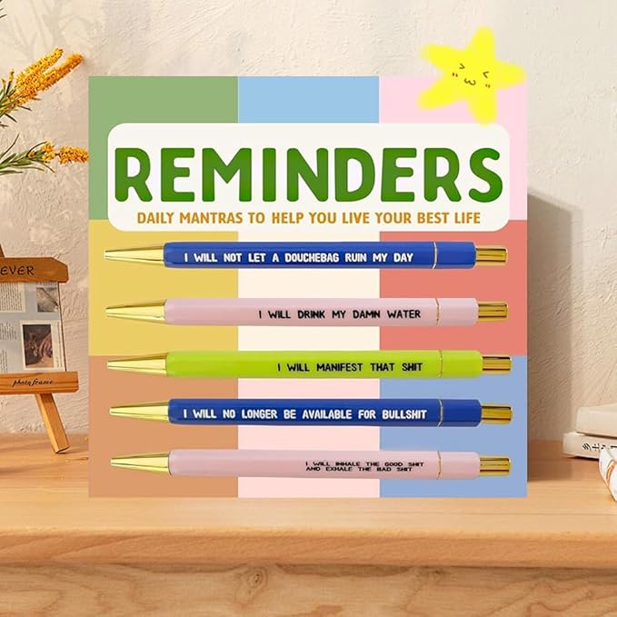Funny pens,5-Count,Black Ink,Medium Nib 1.0mm,Funny Office Gifts for Coworkers,Personalized Pens Vibrant Funny Quotes Word Daily Pen (Reminders Pens)