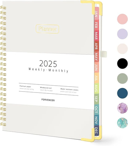 Forvencer 2025 Planner, Hardcover Weekly and Monthly Planner, January 2025 - December 2025, 6" x 8", Spiral Calendar Planner with Tabs, Exquisite Daily Organizer Notebook with Inner Pocket, Agenda Journal for Office Home School, A5 Size, Beige