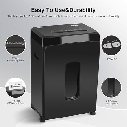 60-Minute Continuous Paper Shredder | P5 Security Level | 2x15mm Micro-Cut | 58dB Quiet Operation | 10-Sheet Capacity | Jam-Proof & 6.1Gal Bin | Heavy Duty for Home/Office