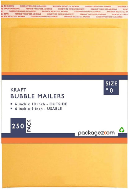 PackageZoom #0 6x10 Padded Envelopes Kraft Bubble Mailer Shipping Envelopes 250 Pack