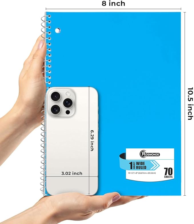 1 Subject Notebook Wide Ruled, 6 Pack, 70 Sheets (140 Pages), 8 x 10-1/2, 3 Hole Punched Notebooks, Thick No-Bleed Paper, Sturdy Back, Wide Ruled Notebook for School & Office, Assorted Colors