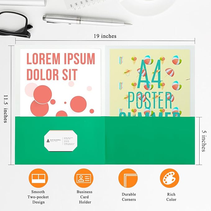 25Pcs Green Folders, Folders with Pockets, 2 Pocket Folders, Folders with Pockets Bulk, Holds 100 Sheets (50 per Pocket), Assorted Colors, Office Or School, pmy015