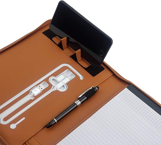 Phone Charging Business & Travel Portfolio w/Built-in Power Bank- Zipper Closure & Refillable Pad- Professional Organizer Padfolio That Charges Phones/Tablets on The Go (Brown)