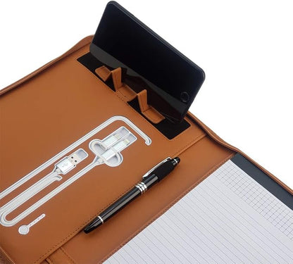 Phone Charging Business & Travel Portfolio w/Built-in Power Bank- Zipper Closure & Refillable Pad- Professional Organizer Padfolio That Charges Phones/Tablets on The Go (Brown)