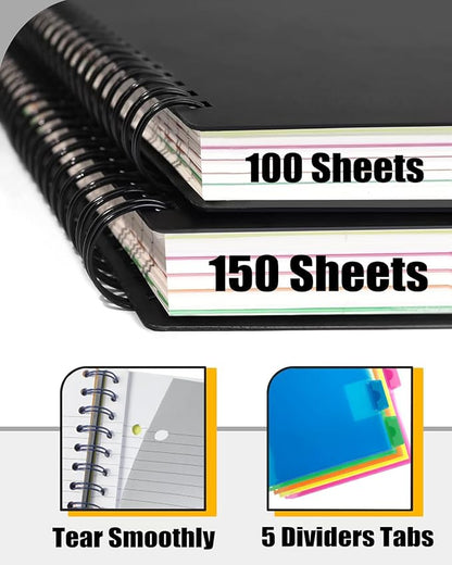 5 Subject Notebook - Spiral Notebook, College Ruled Notebook With Dividers Pocket, Tabs, 11" Ruler, 300 Pages, for Writing Journal, Home & Office, School Supplies,8.5''x11'' Lily White 150Sheets
