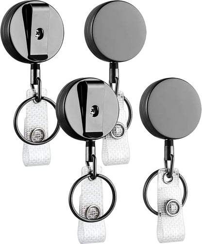 Will Well ID Badge Holder Reel with Clip and Keyring - Heavy-Duty All-Metal Casing with 27.5" UHMWPE Fiber Pull Cord for Durability and Easy Access, Holds up to 8 Keys - 4-Pack, Round, Glossy Black