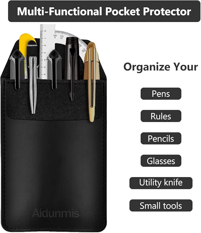Pen Pocket Protector, 2 Pieces PU Leather Pocket Pen Holder Organizer Pouch for Shirts Lab Coats Pants Pen Sleeve - Multi-Purpose Pen Pocket Holds Pens Pointers Pencils and Notes Card - Black
