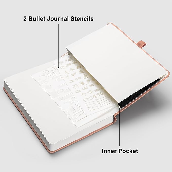 RETTACY Bullet Dotted Journal, A5 Dotted Notebook Journal with 192 Pages, 5.7'' × 8.3'', Medium Size, 100 GSM Thick Paper, Leather Hardcover, Bullet Journaling, Planning (Pink)