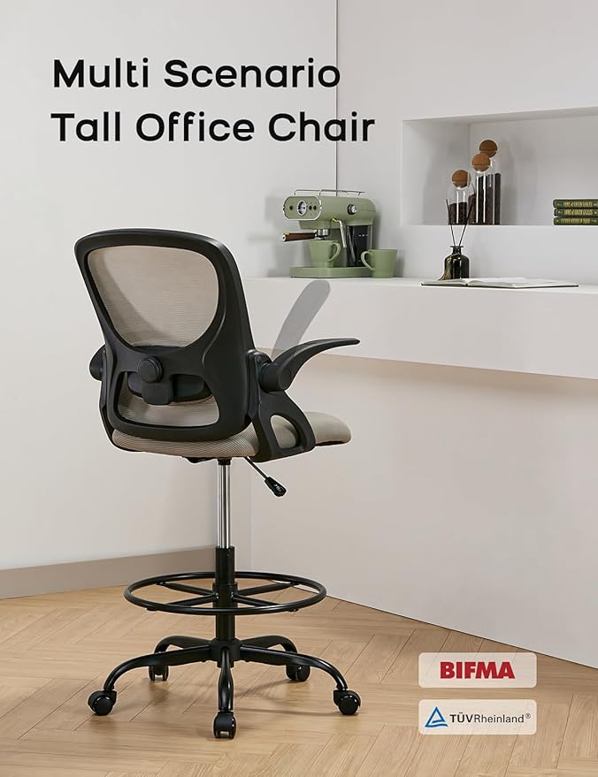 Drafting Chair Tall Office Chair with Flip-up Armrests Ergonomic Computer Standing Desk Chair with Comfy Lumbar Support and Adjustable Footrest Ring for Bar Height Desk(Black-Gray)