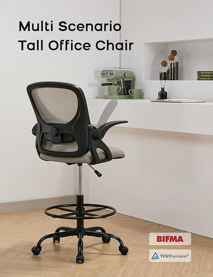 Drafting Chair Tall Office Chair with Flip-up Armrests Ergonomic Computer Standing Desk Chair with Comfy Lumbar Support and Adjustable Footrest Ring for Bar Height Desk(Black-Gray)