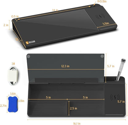 SELEAD Desktop Glass Whiteboard with Wireless Charger Station, Dry Erase Board Computer Pad Keyboard Stand with Organizer for Home, School, Office Desk Accessories, Black