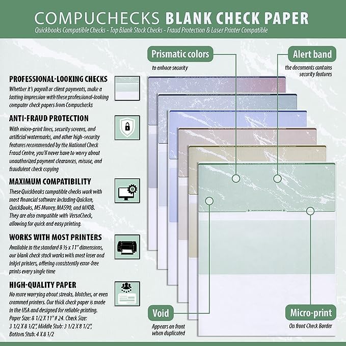 Compuchecks Top Blank Check Paper - 100 Pack, Quick-Books & Laser Printer Compatible - Security Business Checks with Voucher - 8.5" x 11" Gold Diamond