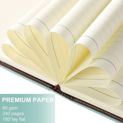 A5 Lined Leather Journal with Pen, 240 Pages Refillable Hardcover Notebook with Pocket and Magnetic Buckle, 80gsm Thick Daily Diary for Men and Women, Great Gift for Business School Travel Personal - Light Green