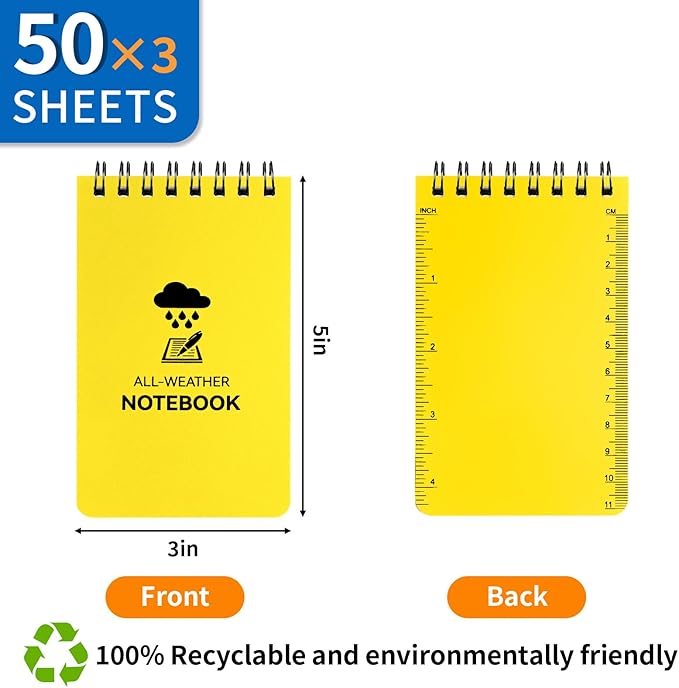 3 Pack Waterproof Notebook, 3 x 5 Pocket Notepad, All Weather Small Pocket Notebook Stone Paper, Mini Spiral Notepad Police Notepad 100 Lined Pages for Outdoor Office