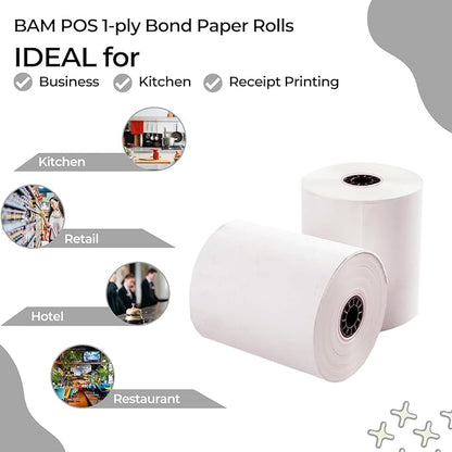 1Ply Bond Receipt Paper Rolls 3 x 150 White Paper for Kitchen Impact Printers TMU200 SRP275 Star SP700 Suitable For Printing Kitchen Tickets and Order receipts 24 Rolls Per Case