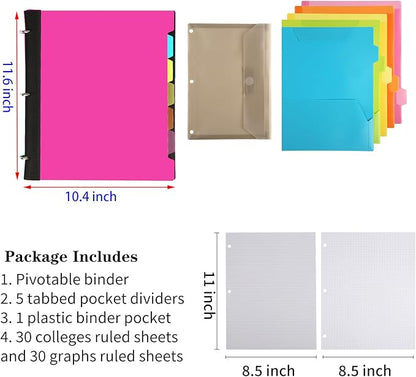Pivotable Refillable Notebook, 3 Ring Binder Notebooks 1 Inch, Notebook with Dividers and Pockets, Folder Notebook, Flexible Binder, Soft Binders 3 Ring, Foldable Binder- Pink