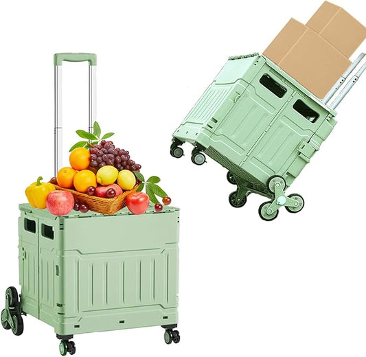 Foldable Utility Cart with Stair Climbing Wheels,Folding Portable Rolling Crate Handcart with Aluminium Alloy Telescoping Handles, Handcart for Grocery Book File Tool Art Supplies