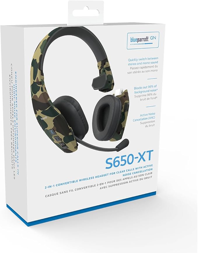 BlueParrott S650-XT Bluetooth – 2-in-1 Convertible Stereo to Mono Headset with Activate Noise Cancellation and Up to 36 Hours of Talk time, Fred Bear Camouflage