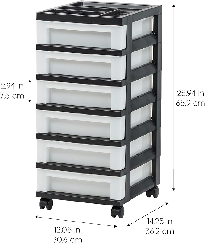 IRIS USA Plastic Drawer Storage Organizer Rolling Cart, with Wheels Casters, 6-Drawers, for Classroom Art Craft Supplies Dresser Closet Bathroom Dorm Bedroom Laundry Room, Black/Pearl