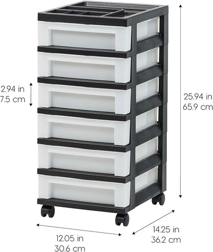 IRIS USA Plastic Drawer Storage Organizer Rolling Cart, with Wheels Casters, 6-Drawers, for Classroom Art Craft Supplies Dresser Closet Bathroom Dorm Bedroom Laundry Room, Black/Pearl