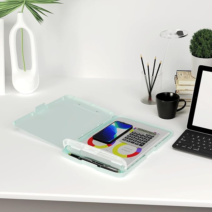 Piasoenc Clipboard with Storage, 8.5 x 11 Organization Box with Pen Holder and A4 Legal Paper Folder, Heavy Duty Plastic, Folio & Side-Opening, Low Profile Clip, for Nurses, Teachers, Blue