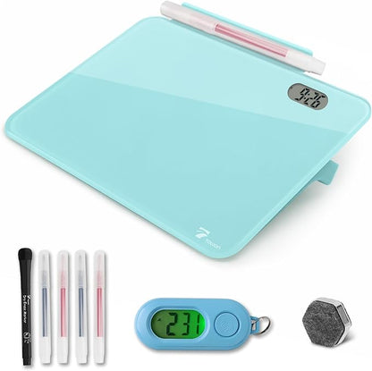 Small Glass Desk Whiteboard Dry-Erase Board with Clock, Small Travel Clock Keychain with Desk Notepad, Time Table Whiteboard for Desk Digital LED Light Display, 8x6 in with Accessories, Teal Blue