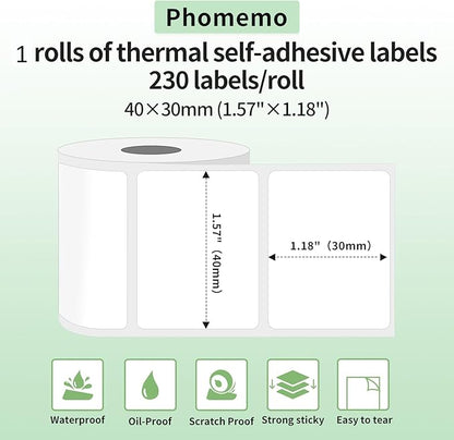 Phomemo Thermal Labels-for M110/M221/M220/M120/M200,1.57"x1.18"(40x30mm),230 Labels/Roll, for Barcode/Address/Mailing/Logo/Business/Home Tag