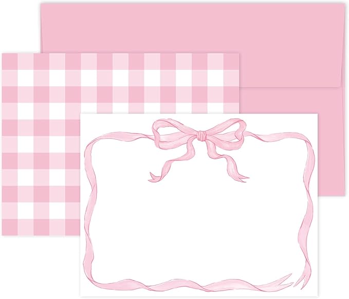 24 Pack Bow Stationery Cards with Envelops Blank Thank You Note Cards Cute Pink Ribbon Bow Plaid Greeting Cards for Wedding Birthday Bridal Baby Shower