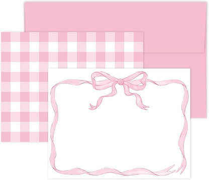 24 Pack Bow Stationery Cards with Envelops Blank Thank You Note Cards Cute Pink Ribbon Bow Plaid Greeting Cards for Wedding Birthday Bridal Baby Shower