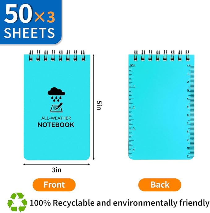 3 Pack Waterproof Notebook, 3 x 5 Pocket Notepad, All Weather Small Pocket Notebook Stone Paper, Mini Spiral Notepad Police Notepad 100 Lined Pages for Outdoor Office