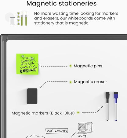 VUSIGN Magnetic White Board Dry Erase 36" x 24" with 1 Dry-Erase Eraser, 2 Multicolor Marker, 4 Magnetic Pins, Black Reinforced Aluminum Frame for Office, Home, School