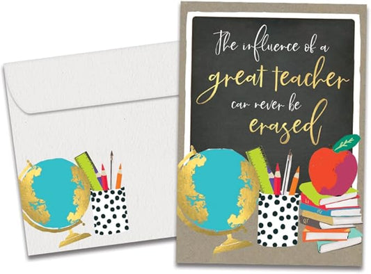 Tree-Free Greetings Teacher Appreciation Cards - Artful Designs - 1 Card + Matching Envelopes - Made in USA - 100% Recycled Paper - 5"x7" - Lighthearted, For Teacher, Never Be Erased (GO64415)