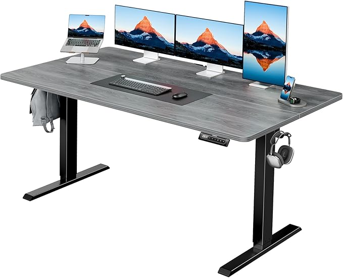 HUANUO 63" x 28" Electric Standing Desk Adjustable Height, 4 Memory Height Settings, Headphone Hook, Cable Manager, Sit Stand Up Desk for Home Office & Computer Workstation, Grey