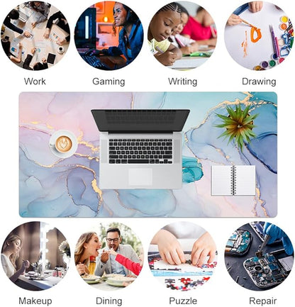 QIYI Large Mouse Pad, PU Leather Desk Mat for Desktop, Waterproof Gaming Desk Pad, Marble Full Desk Accessories Keyboard Mousepad, Abstract Art Home Office Décor 31.5" x 15.7" - Blue Pink Fluid