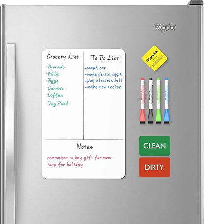 Magnetic Dry Erase Board: Small Fridge Whiteboard, Flexible Refrigerator Magnet White Board, Blank Writing Note Sheet with Dishwasher Magnet Clean Dirty Sign, 4 Markers & Eraser - 12 x 8