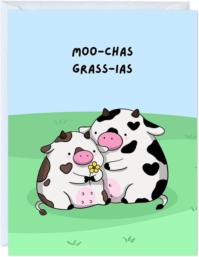 ALY LOU Cute Thank You Card, Thank U Greeting Note Card for Business, Teacher, Wedding, Birthday, Baby Shower, Blank Inside (Moo-Chas Grass-ias)