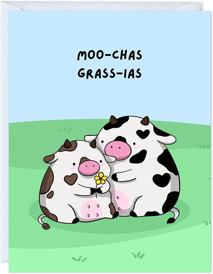 ALY LOU Cute Thank You Card, Thank U Greeting Note Card for Business, Teacher, Wedding, Birthday, Baby Shower, Blank Inside (Moo-Chas Grass-ias)