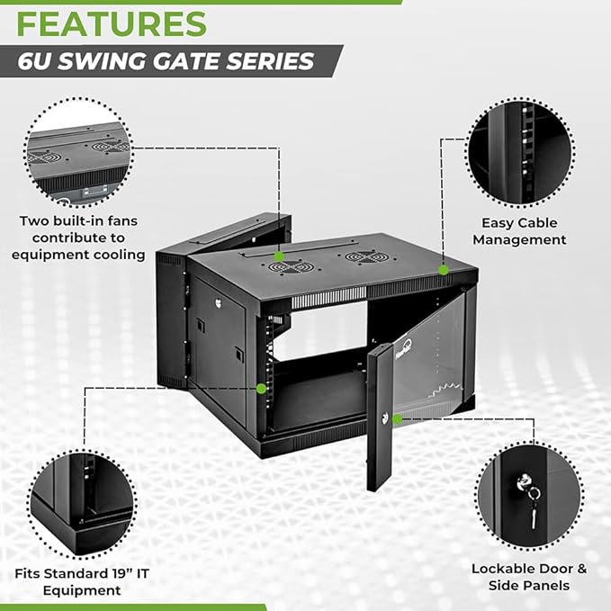NavePoint 6U Server Cabinet with Hinged Back - 25.5” Deep, 6U Server Rack Enclosure with Locking Glass Door, Wall Mount Rack with Removable Side Panels, 6U Network Cabinet with 2 Fans, Pre-Assembled